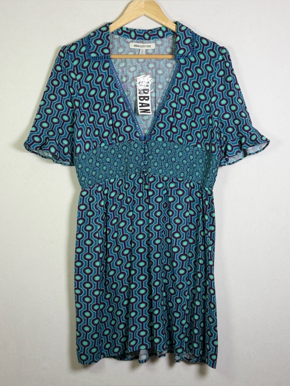 Urban Outfitters Women’s Blue Geometric Print Smocked Dress Boho Retro Y2K Sz L - Picture 2 of 12